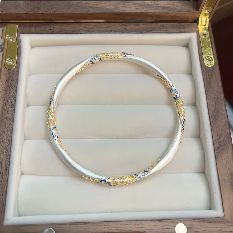 YINI Enamel And Resin Heavy Work Bangle For Women's 999 Fine Silver .9 Gold Tracing Solid Closed End Women's-8