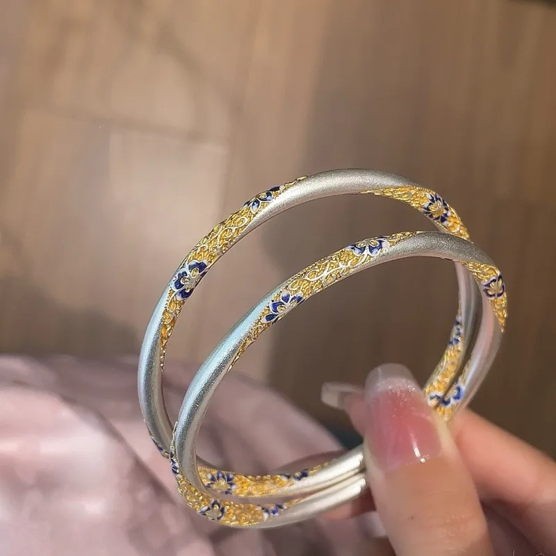 YINI Enamel And Resin Heavy Work Bangle For Women's 999 Fine Silver .9 Gold Tracing Solid Closed End Women's-6