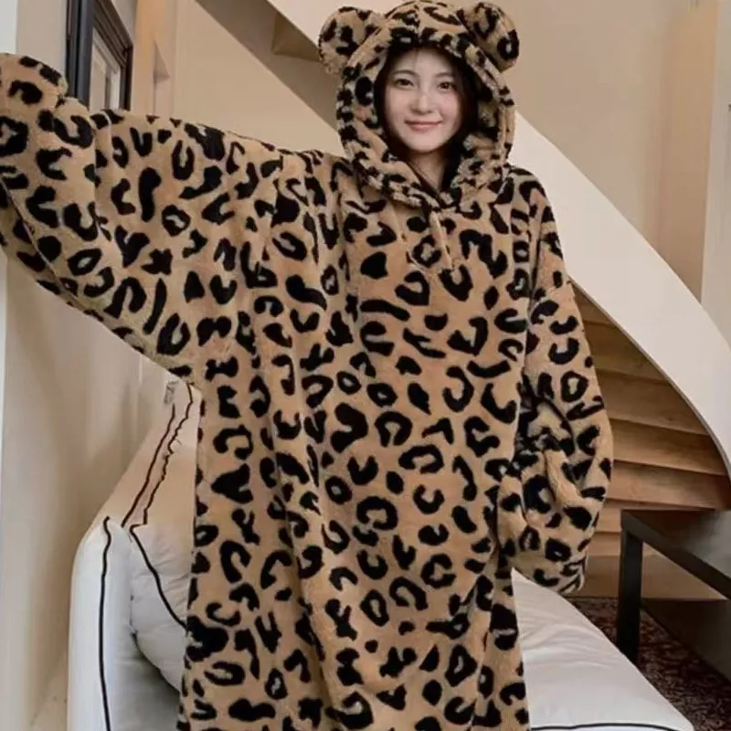 METE WHALE MT Pajama Robe Women's Brown Leopard Print-5