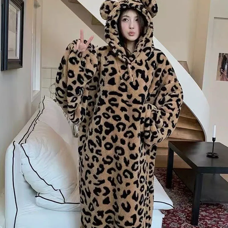 METE WHALE MT Pajama Robe Women's Brown Leopard Print-3