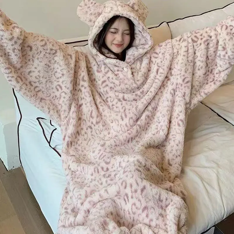 METE WHALE MT Pajama Robe Women's Pink Leopard Print-2