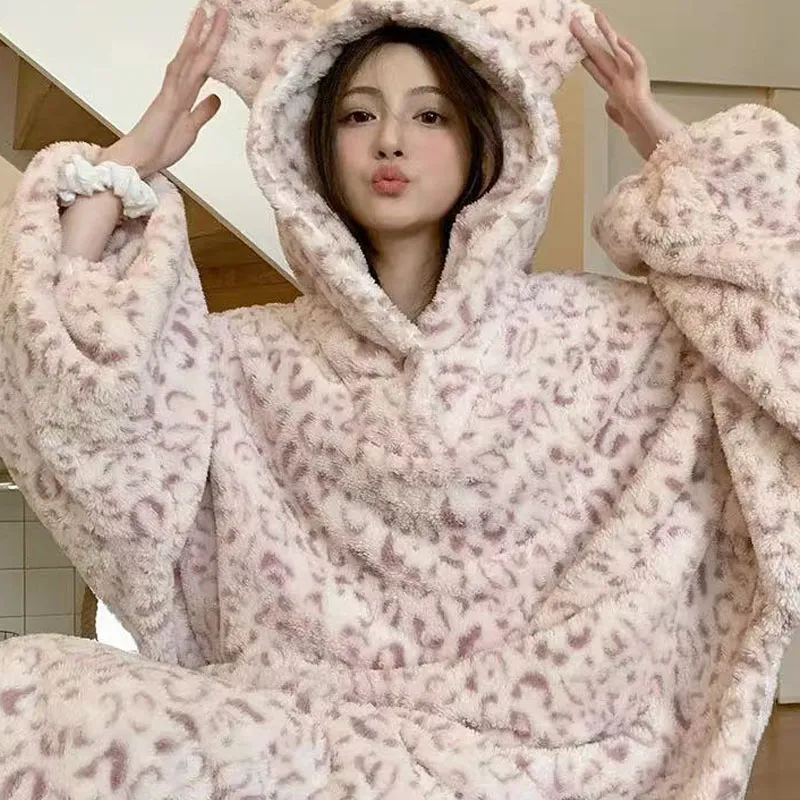 METE WHALE MT Pajama Robe Women's Pink Leopard Print-4