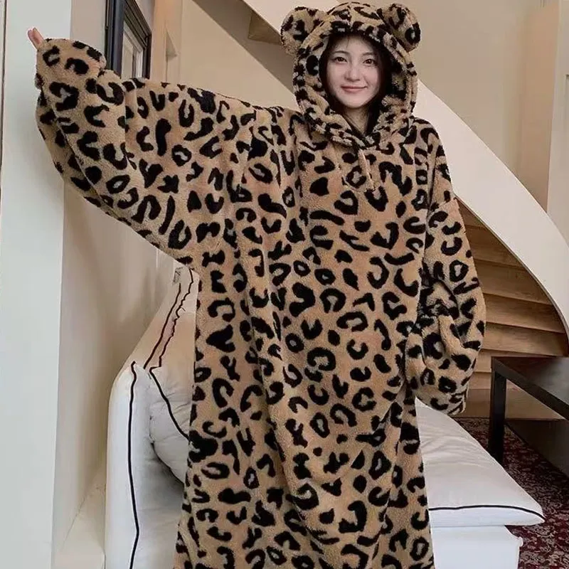 METE WHALE MT Pajama Robe Women's Brown Leopard Print-4