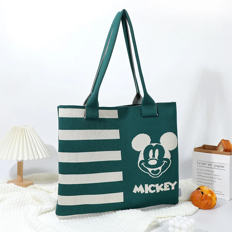 MESUCA ×Disney Brand Collaboration Edition Mickey Series Polyester Tote Handbag, Shoulder Bag Women's Green-1