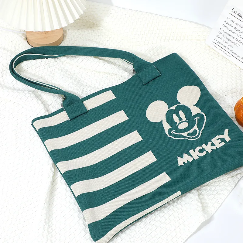 MESUCA ×Disney Brand Collaboration Edition Mickey Series Polyester Tote Handbag, Shoulder Bag Women's Green-3