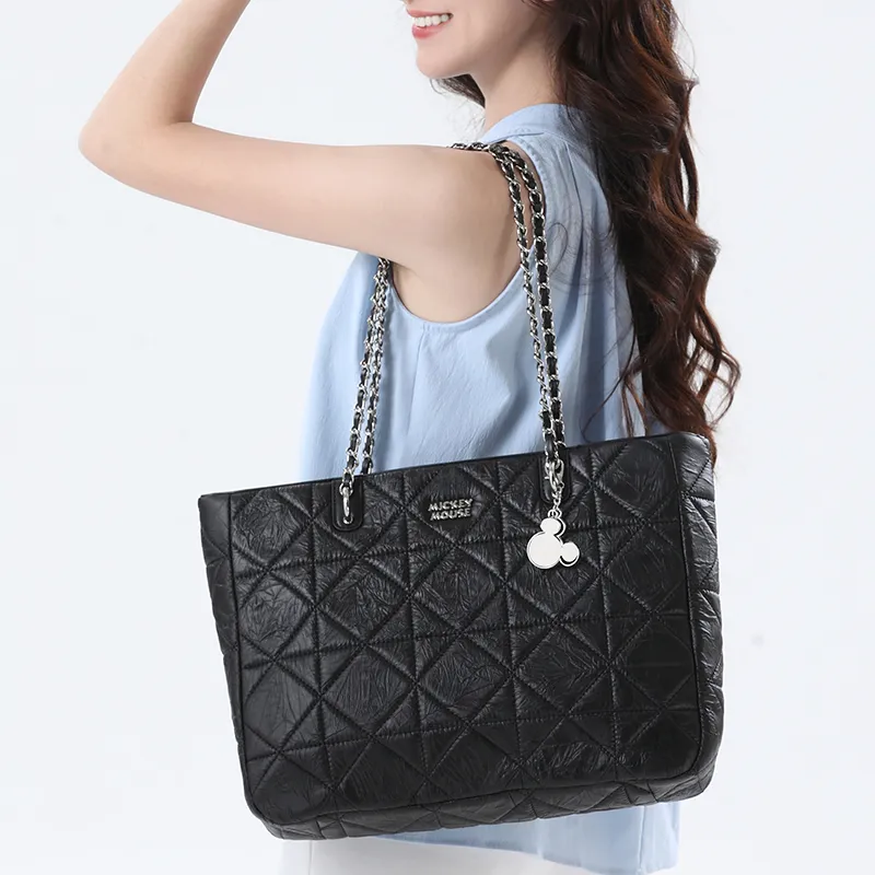 Disney Mickey Series Polyurethane Synthetic Leather Tote Handbag, Shoulder Bag, Chain Bag Large Size Women's Black-1