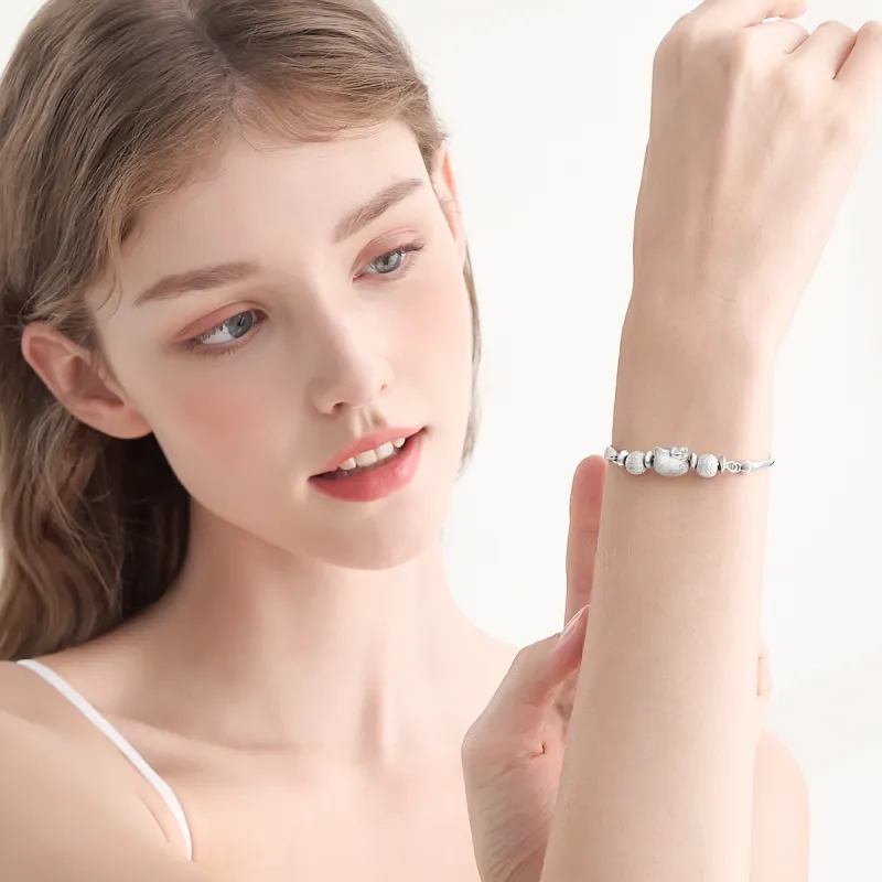 Sanrio S925 Silver Bracelet With Refined Zircon KT Cat Minimalist Style Plain Silver Bangle, Gift Box Set Women's-4