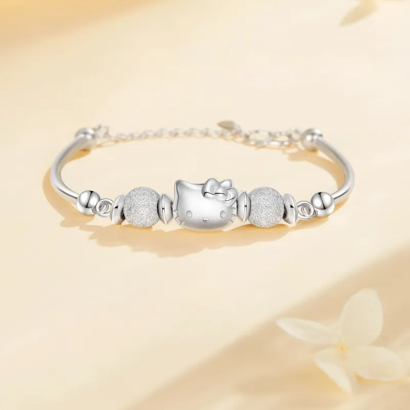 Sanrio S925 Silver Bracelet With Refined Zircon KT Cat Minimalist Style Plain Silver Bangle, Gift Box Set Women's-3