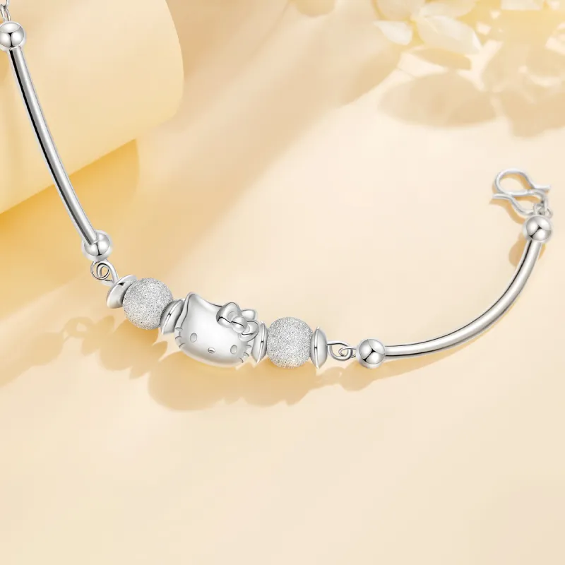 Sanrio S925 Silver Bracelet With Refined Zircon KT Cat Minimalist Style Plain Silver Bangle, Gift Box Set Women's-5