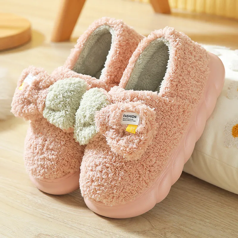 Yalu Cotton Slipper Shoes Platform Heel Home Cute Bowknot Slippers Winter Fleece-Lined Warm Slippers-1