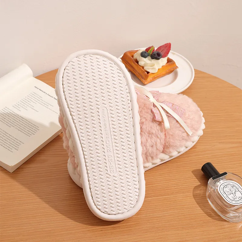 Yalu Home Bowknot Fuzzy Slippers Thickened Plush Slip Resistant Cotton Slipper For Indoor Bedroom Winter Warmth Women's-4