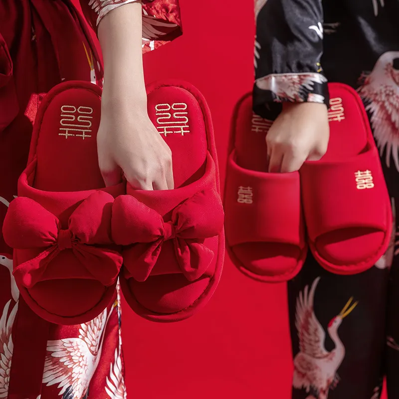Yalu Wedding Cotton Slippers Celebration Red New Marriage Couple Wedding Indoor Home Slippers-3