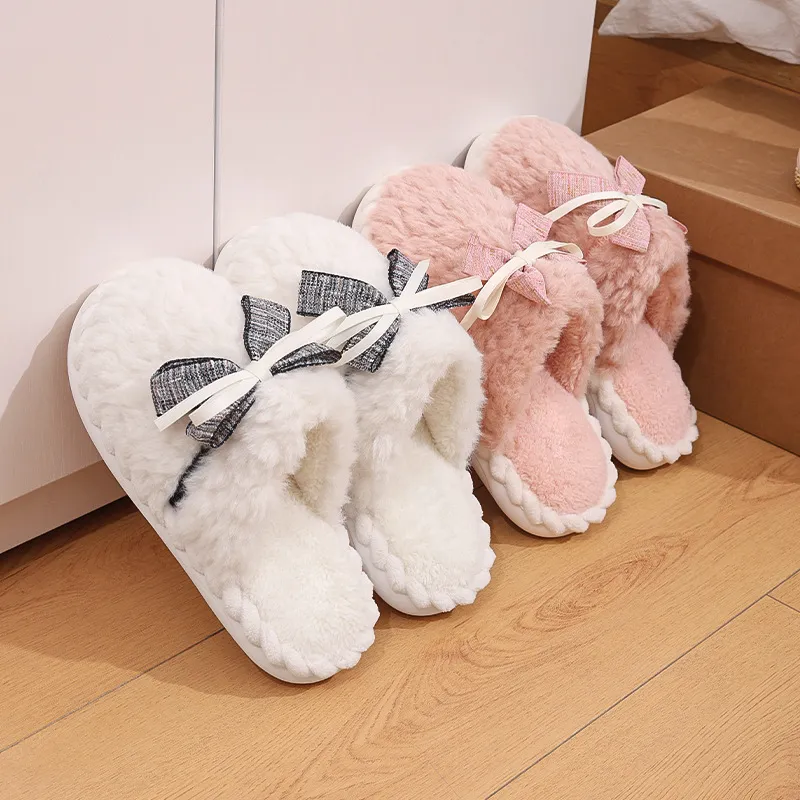 Yalu Home Bowknot Fuzzy Slippers Thickened Plush Slip Resistant Cotton Slipper For Indoor Bedroom Winter Warmth Women's-2