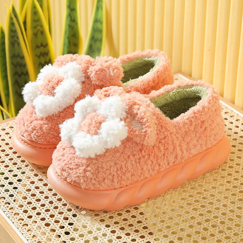 Yalu High Heel Cotton Slippers Platform Indoor Cartoon Cute Floral Plush Slippers Winter Warm Home Slippers-3
