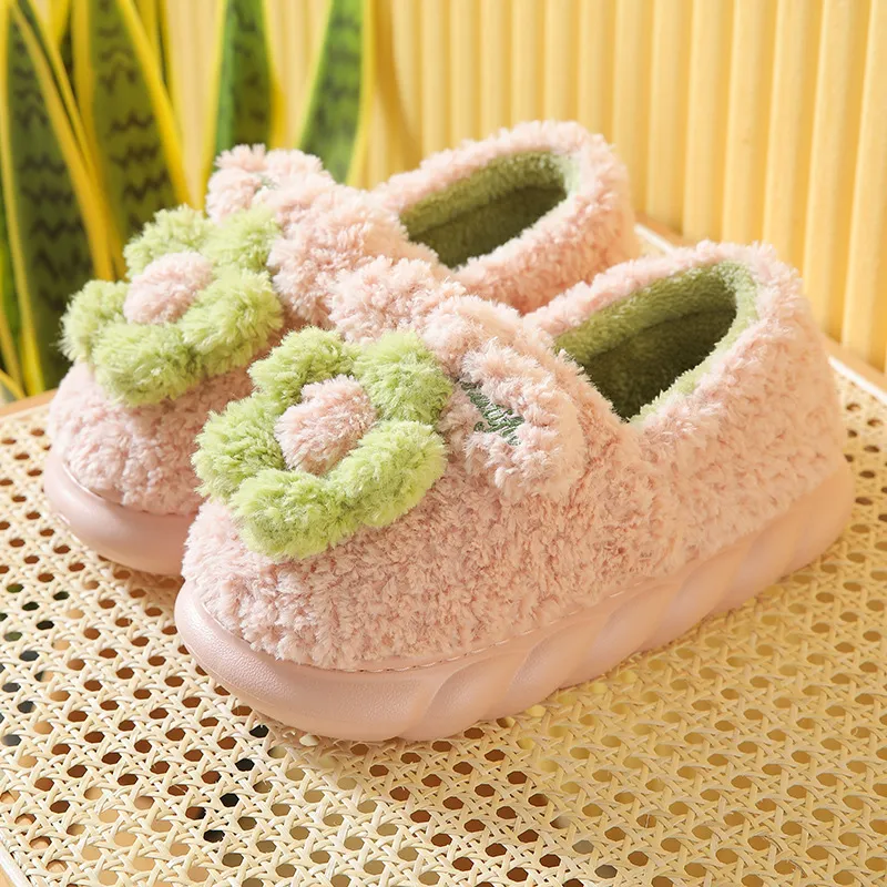 Yalu High Heel Cotton Slippers Platform Indoor Cartoon Cute Floral Plush Slippers Winter Warm Home Slippers-1