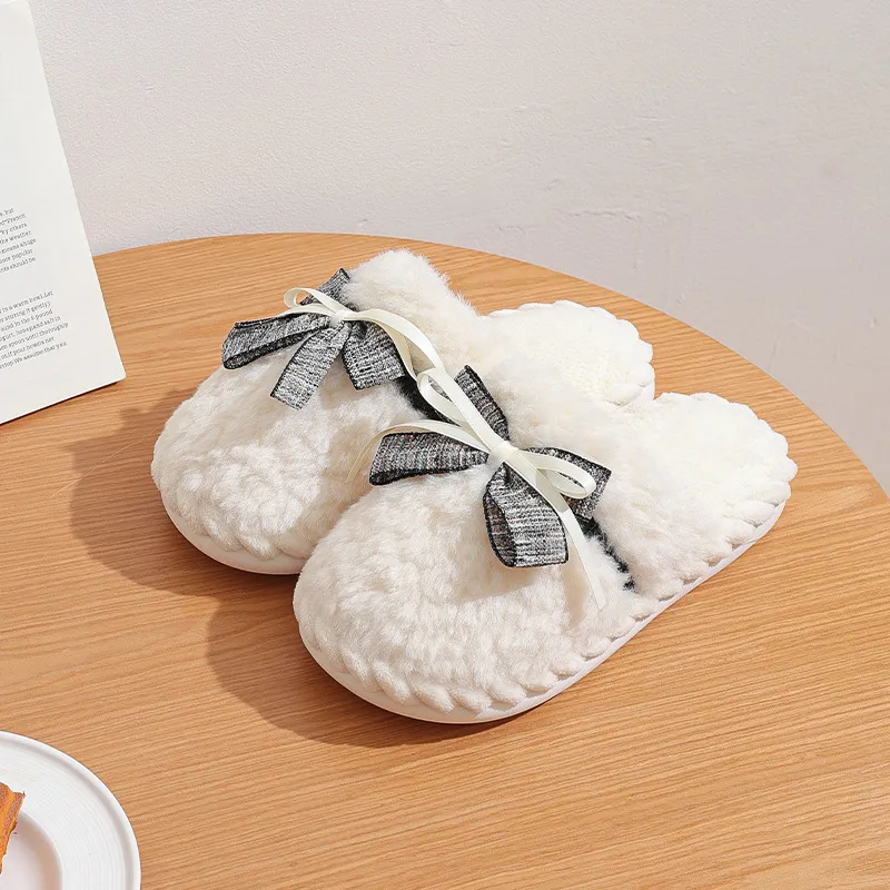 Yalu Home Bowknot Fuzzy Slippers Thickened Plush Slip Resistant Cotton Slipper For Indoor Bedroom Winter Warmth Women's-9