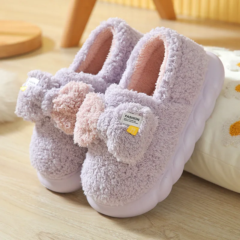 Yalu Cotton Slipper Shoes Platform Heel Home Cute Bowknot Slippers Winter Fleece-Lined Warm Slippers-5