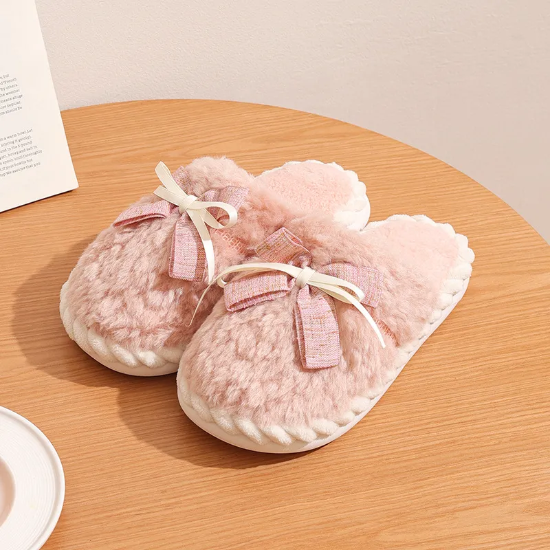 Yalu Home Bowknot Fuzzy Slippers Thickened Plush Slip Resistant Cotton Slipper For Indoor Bedroom Winter Warmth Women's-1