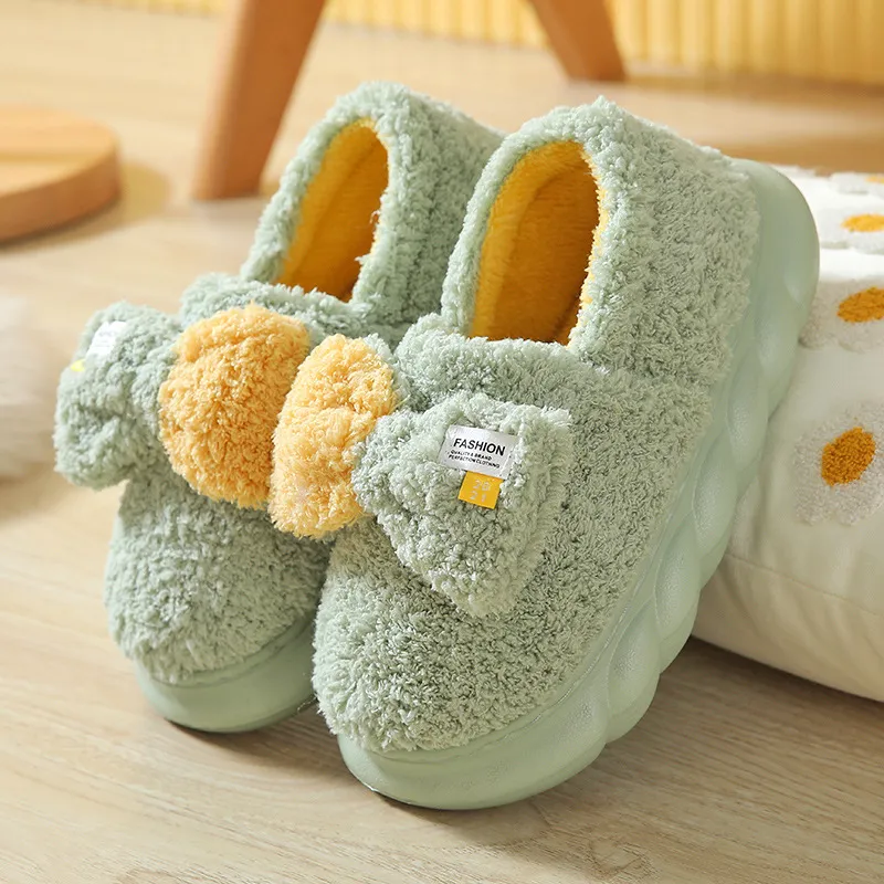 Yalu Cotton Slipper Shoes Platform Heel Home Cute Bowknot Slippers Winter Fleece-Lined Warm Slippers-7