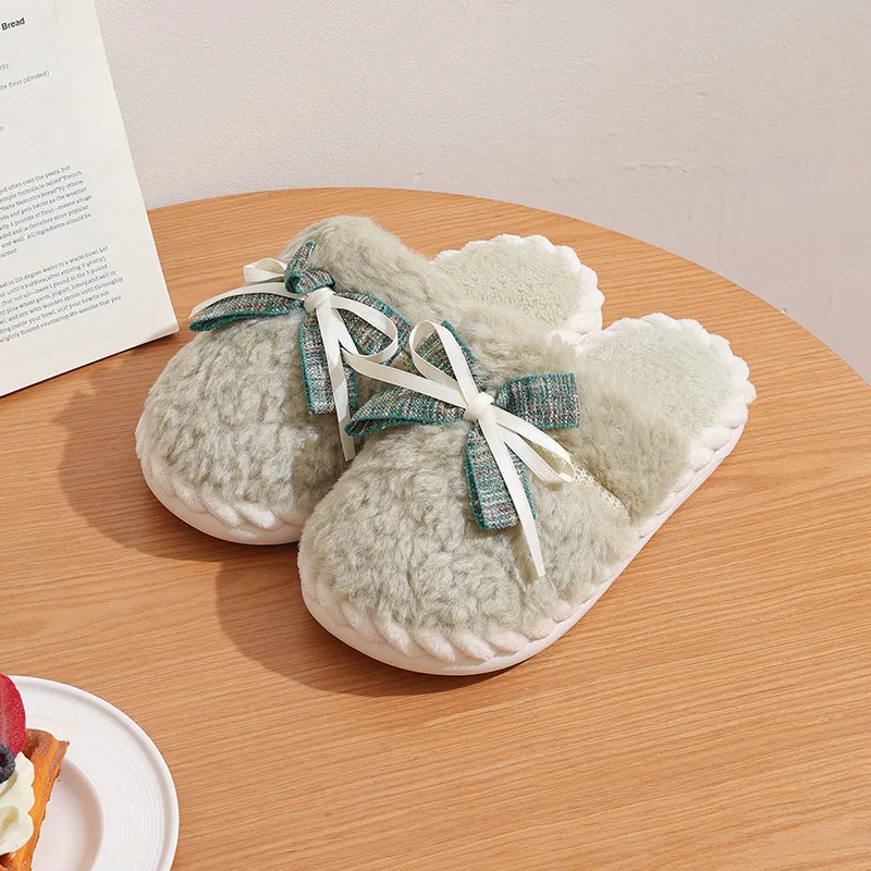 Yalu Home Bowknot Fuzzy Slippers Thickened Plush Slip Resistant Cotton Slipper For Indoor Bedroom Winter Warmth Women's-6