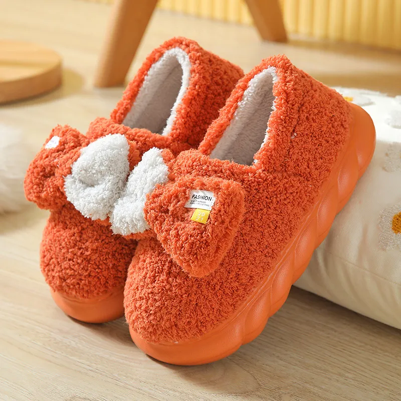 Yalu Cotton Slipper Shoes Platform Heel Home Cute Bowknot Slippers Winter Fleece-Lined Warm Slippers-3