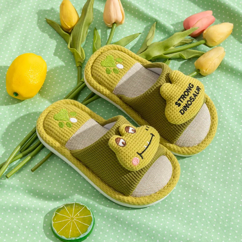 Yalu Parent Child Slippers Home Indoor Linen Slippers For Adults And Kids, Preschool Cartoon Dinosaur Slippers-3