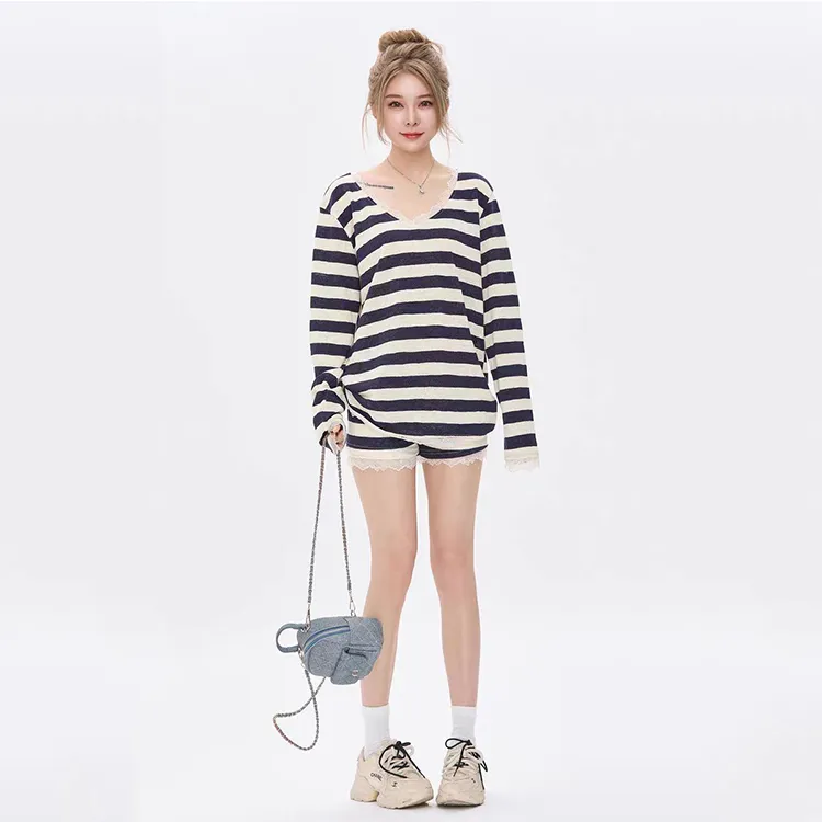 XIUDAI Pajama Set Women's Lace Stripes-2