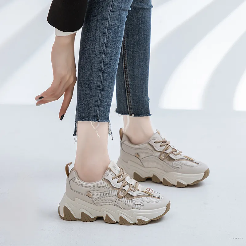 JNLVWA Slip Resistant Breathable Lightweight Height Increasing Low Top Chunky Sneakers Women's Beige-2