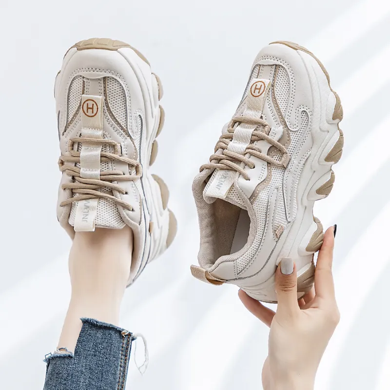 JNLVWA Slip Resistant Breathable Lightweight Height Increasing Low Top Chunky Sneakers Women's Beige-1