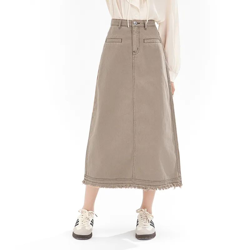 JESSYLINE Denim Long Skirt Women's Khaki-1