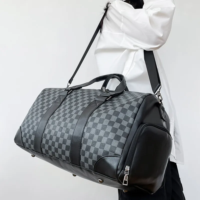 Moonshine PU Leather Handbag Luggage Bag Crossbody Bag Travel Bag Unisex Black Checkerboard-2
