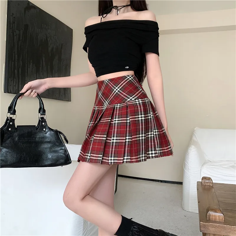 GOSO Casual Short Skirts Women's Red Plaid-2