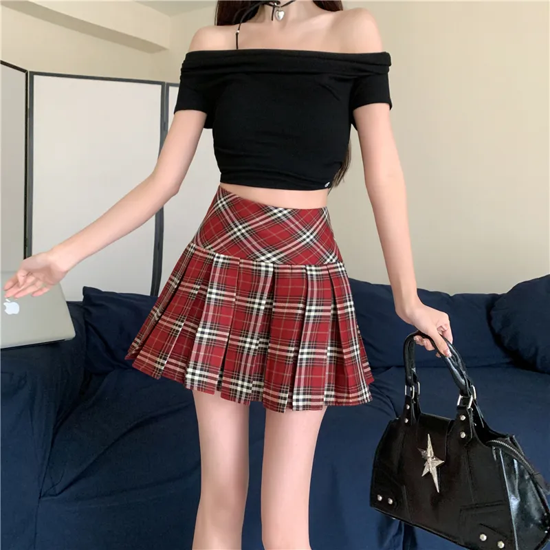 GOSO Casual Short Skirts Women's Red Plaid-5