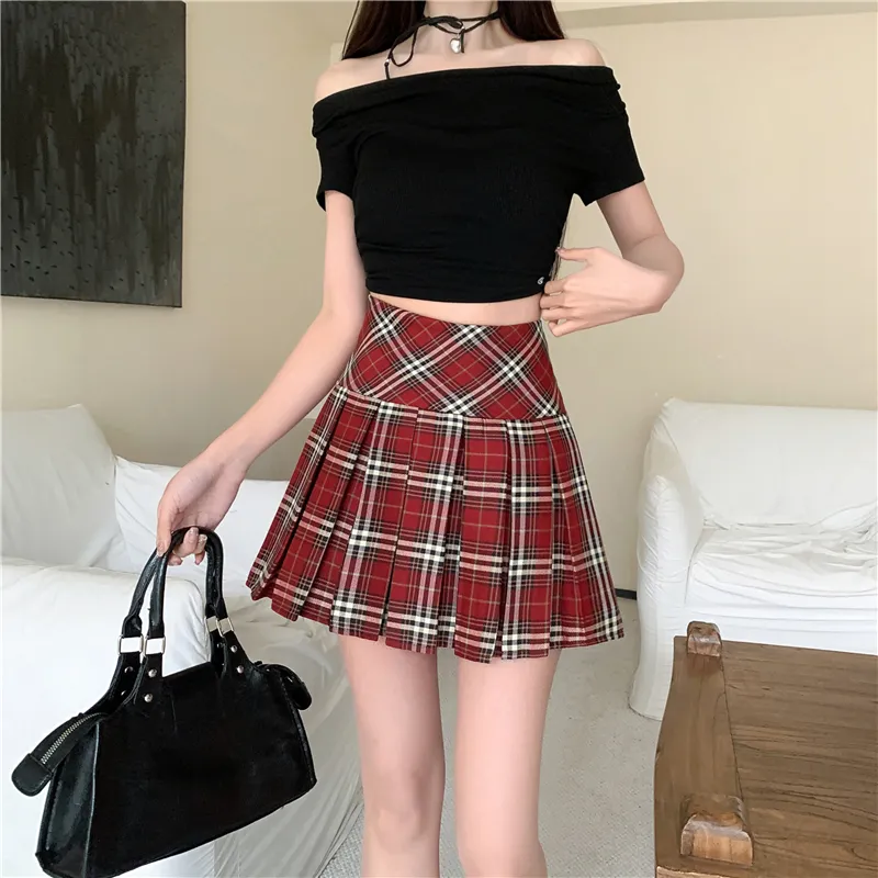 GOSO Casual Short Skirts Women's Red Plaid-3