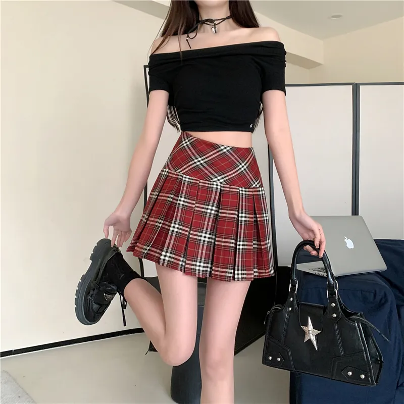 GOSO Casual Short Skirts Women's Red Plaid-4