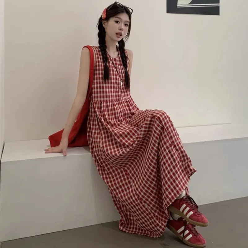 GOSO Sleeveless Dresses Women's Red Plaid-5