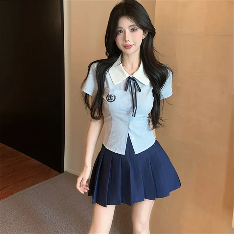 JECCI FIVE Two Piece Skirt Sets Women's Light Blue+Dark Blue-0