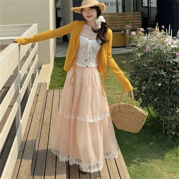 JECCI FIVE Skirt Set Women's Yellow Coat/White Strapless/Orange Dress