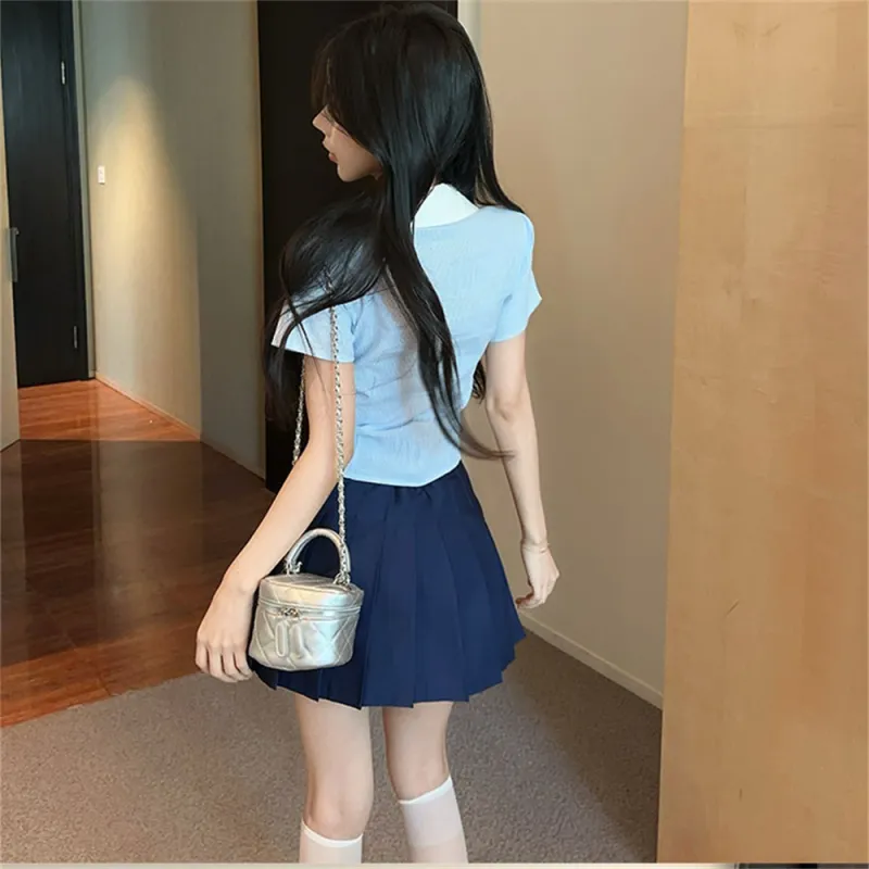 JECCI FIVE Two Piece Skirt Sets Women's Light Blue+Dark Blue-4