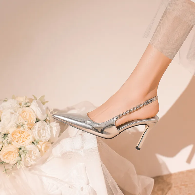 BANWEIDIYA Slim Heel High Heels 9cm Women's Silver-2