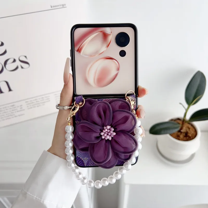 ZHUOJI PC Material Shell Textured Lace Sand Pearl Bracelet Foldable Phone Case Compatible With Samsung Flip5/ZFlip6-5
