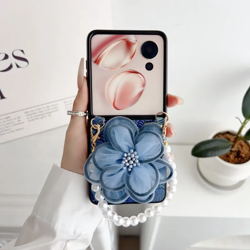 ZHUOJI PC Material Shell Textured Lace Sand Pearl Bracelet Foldable Phone Case Compatible With Samsung Flip5/ZFlip6-1