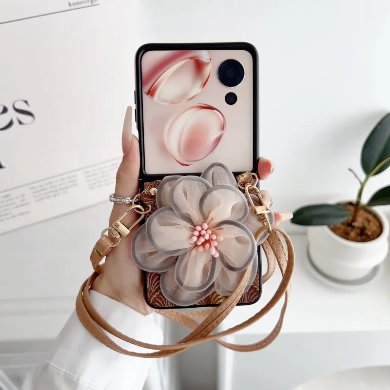 ZHUOJI PC Material Shell Textured Lace Sand Pearl Bracelet Foldable Phone Case Compatible With Samsung Flip5/ZFlip6-7