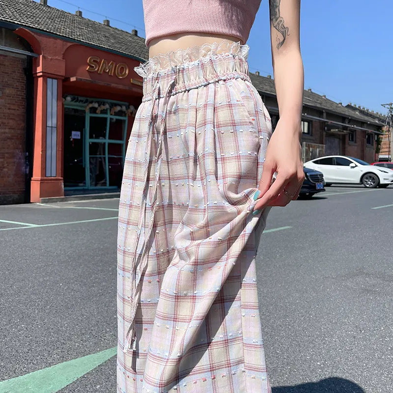 ABCMININ Casual Pants Women's Pink Plaid-2
