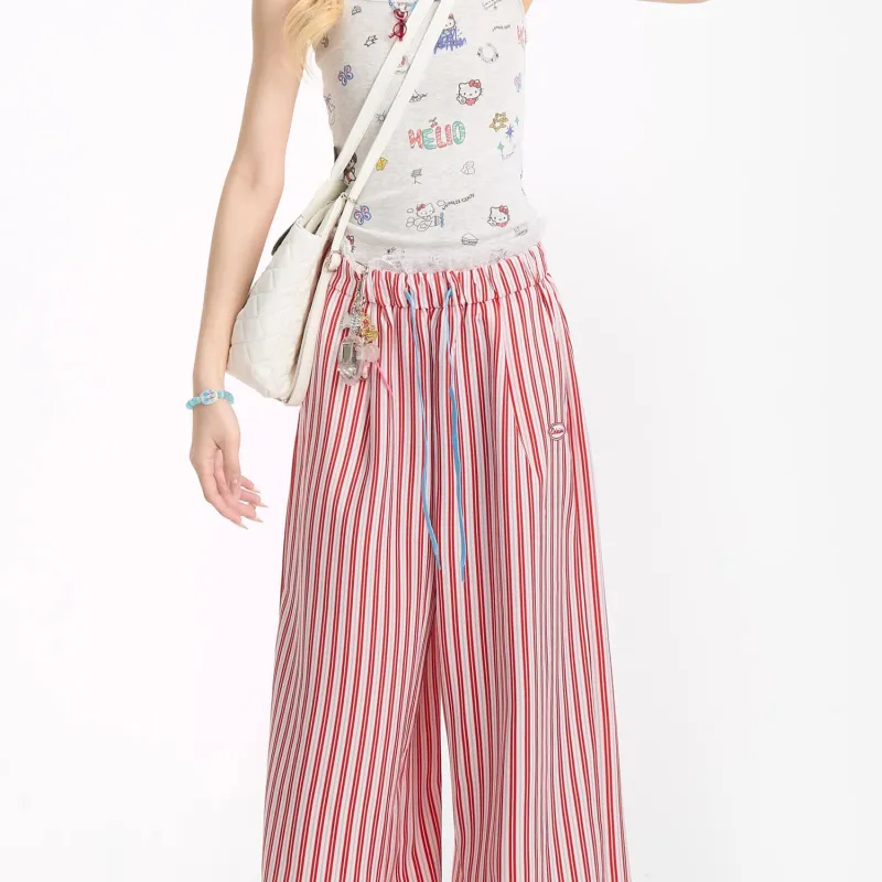 ABCMININ Casual Pants Women's Red White Stripes-2