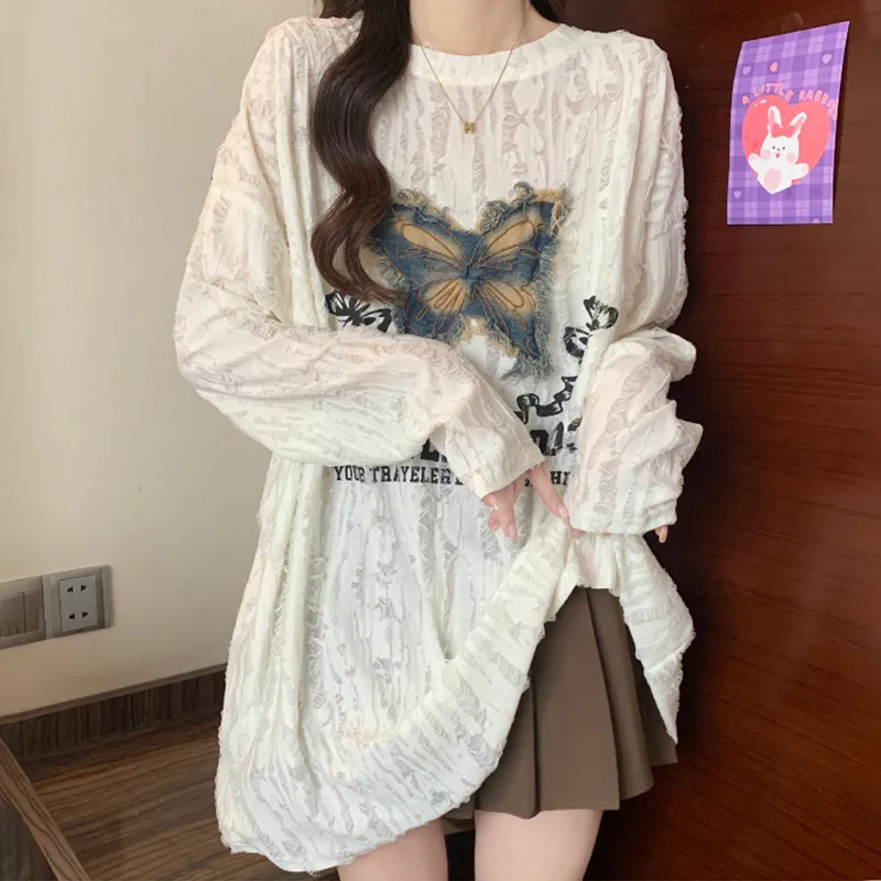 ABCMININ Drop Shoulder Sleeve T Shirt Women's Ecru-3