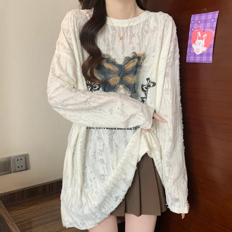 ABCMININ Drop Shoulder Sleeve T Shirt Women's Ecru-2