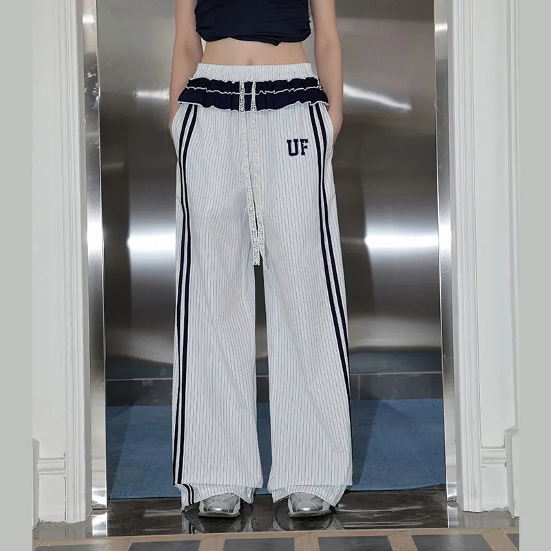 ABCMININ Casual Pants Women's Blue Stripes-2