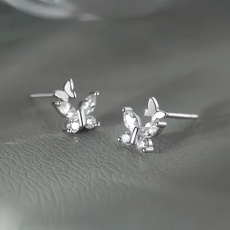 FR S925 Silver With Zircon Stud Earrings Women's-1