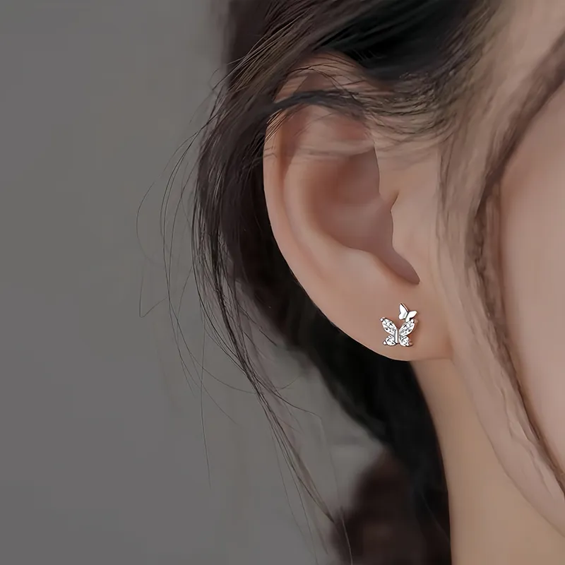 FR S925 Silver With Zircon Stud Earrings Women's-4